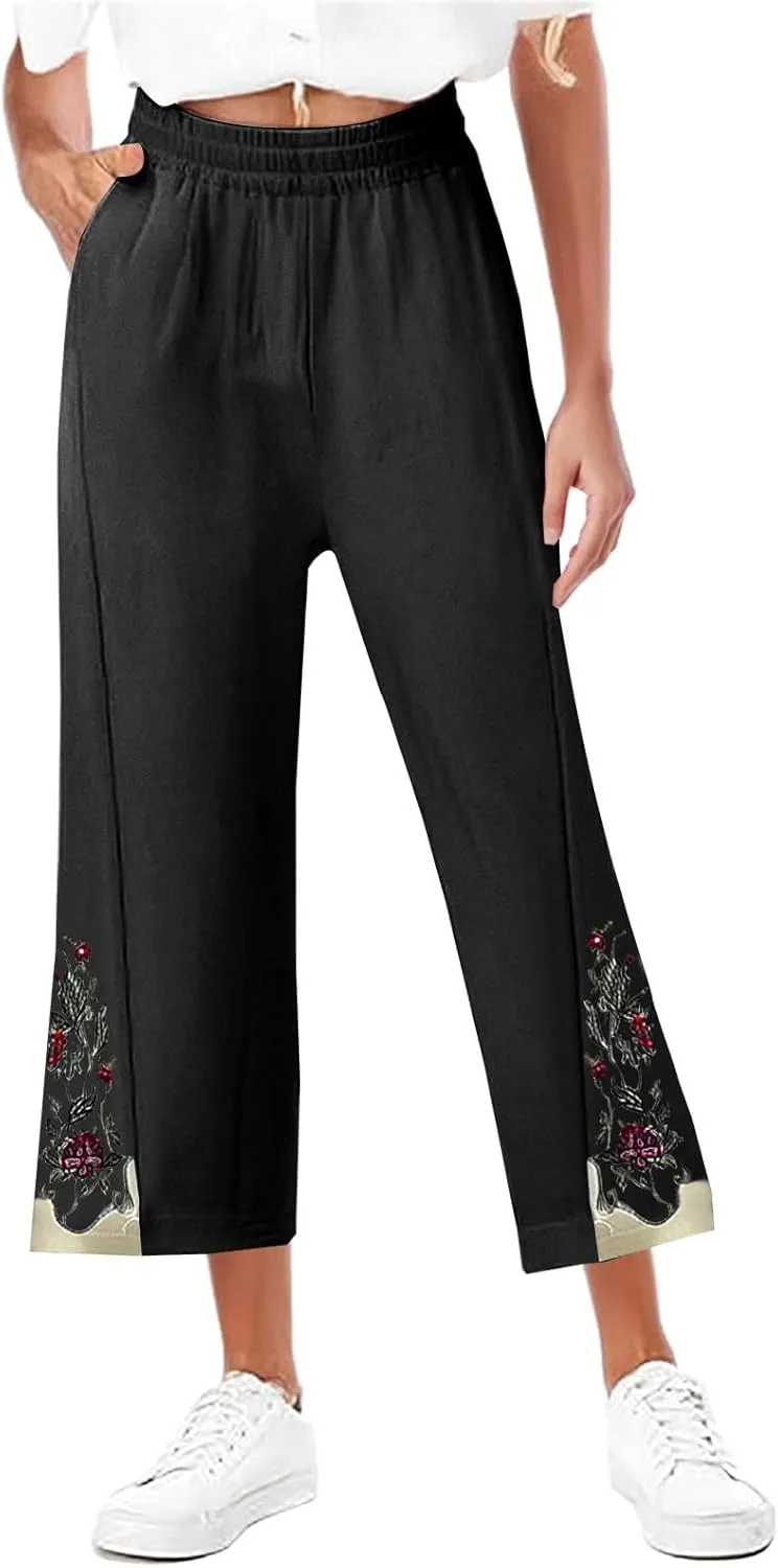 Cropped Linen Pants for Women High Waist Vintage Floral Embroidered Trousers Wide Leg Flowy Palazzo Pants with Pockets