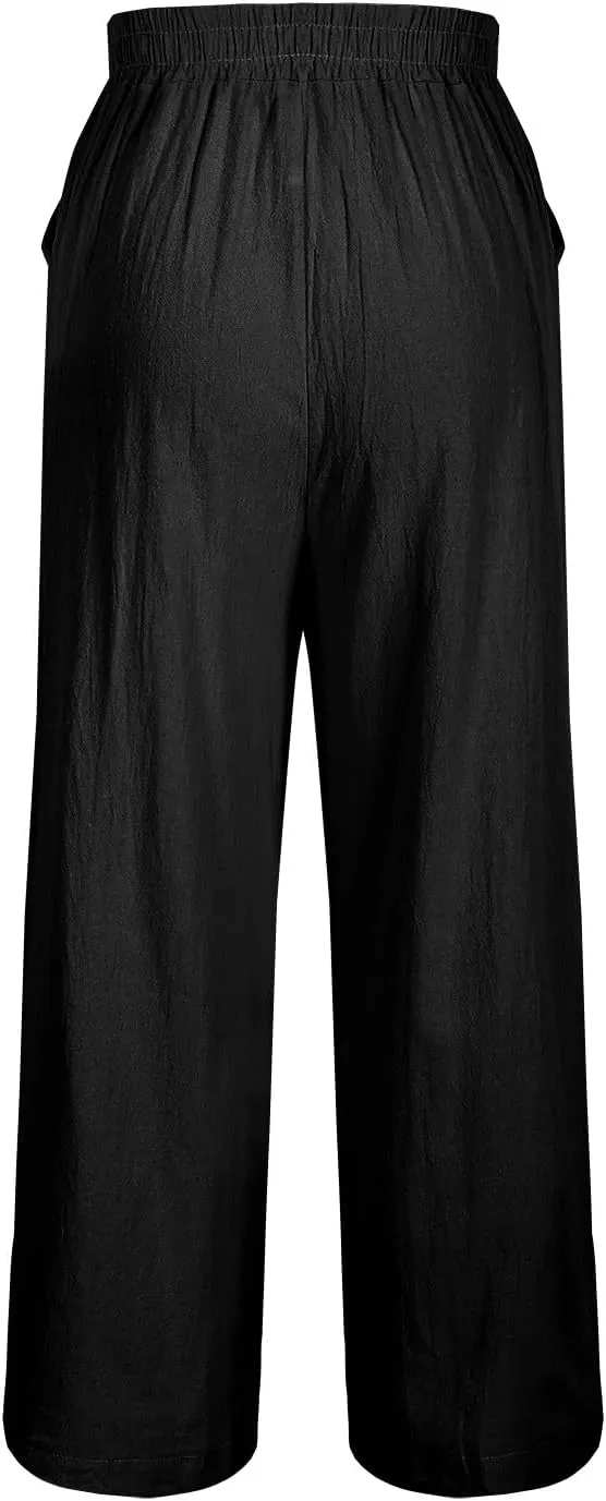 Cropped Linen Pants for Women High Waist Vintage Floral Embroidered Trousers Wide Leg Flowy Palazzo Pants with Pockets