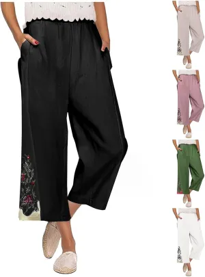 Cropped Linen Pants for Women High Waist Vintage Floral Embroidered Trousers Wide Leg Flowy Palazzo Pants with Pockets