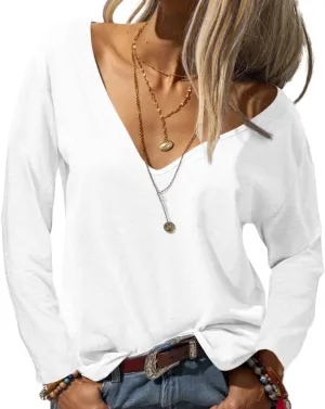 Danedvi Women Fashion Deep V-Neck Long Sleeve Tops Solid Casual Loose Basic T Shirt