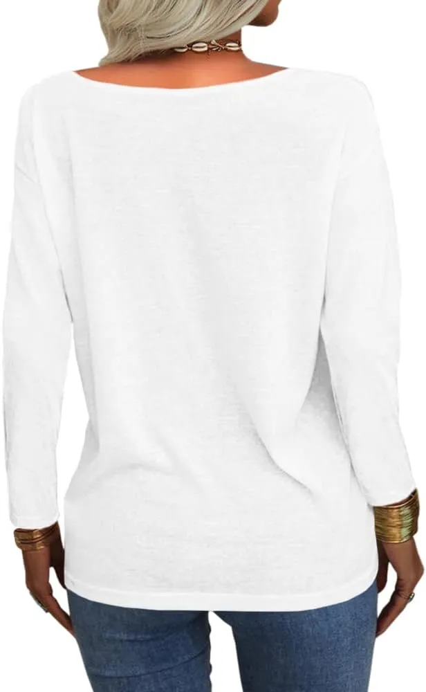 Danedvi Women Fashion Deep V-Neck Long Sleeve Tops Solid Casual Loose Basic T Shirt
