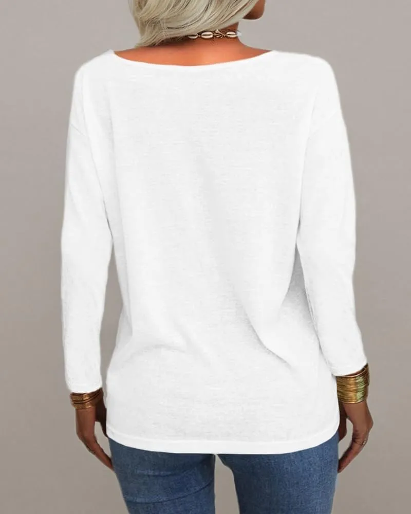 Danedvi Women Fashion Deep V-Neck Long Sleeve Tops Solid Casual Loose Basic T Shirt