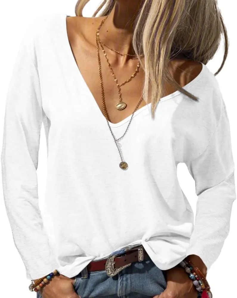 Danedvi Women Fashion Deep V-Neck Long Sleeve Tops Solid Casual Loose Basic T Shirt