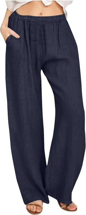 DASAYO Women's Summer Elastic Waist Cotton Linen Wide Leg Trousers Casual Loose Lounge Beach Palazzo Pants with Pockets