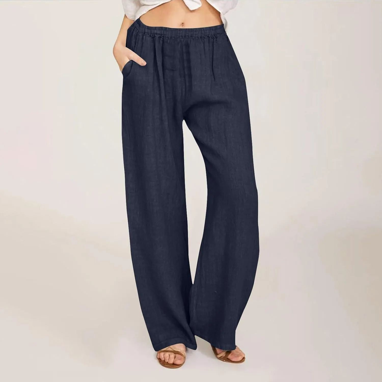 DASAYO Women's Summer Elastic Waist Cotton Linen Wide Leg Trousers Casual Loose Lounge Beach Palazzo Pants with Pockets