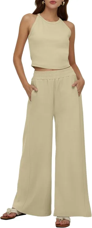 DEEP SELF Women's Summer 2 Piece Outfits Sleeveless Ribbed Knit Crop Tank Tops Matching Wide Leg Pants Vacation Outfits
