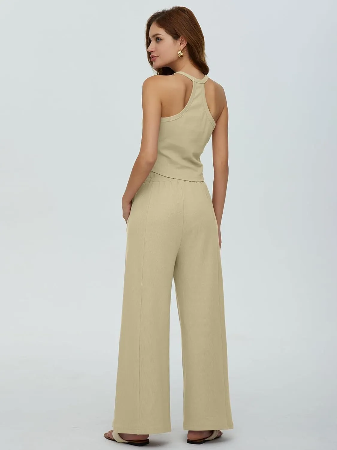 DEEP SELF Women's Summer 2 Piece Outfits Sleeveless Ribbed Knit Crop Tank Tops Matching Wide Leg Pants Vacation Outfits