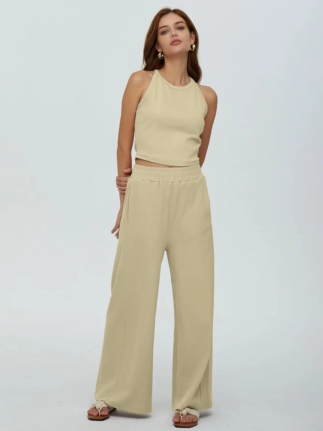 DEEP SELF Women's Summer 2 Piece Outfits Sleeveless Ribbed Knit Crop Tank Tops Matching Wide Leg Pants Vacation Outfits
