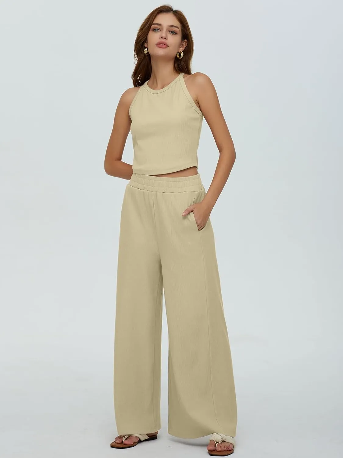 DEEP SELF Women's Summer 2 Piece Outfits Sleeveless Ribbed Knit Crop Tank Tops Matching Wide Leg Pants Vacation Outfits