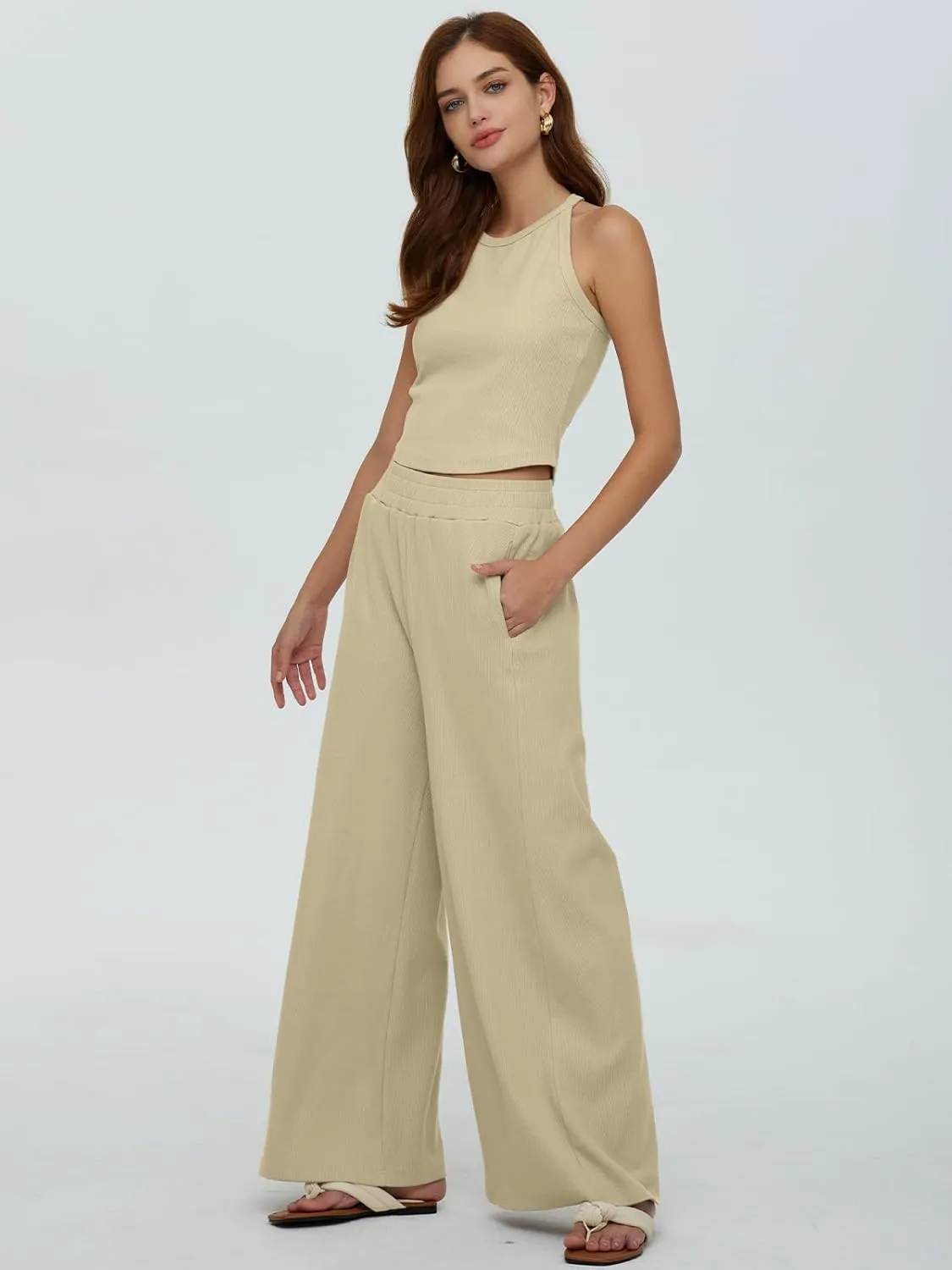 DEEP SELF Women's Summer 2 Piece Outfits Sleeveless Ribbed Knit Crop Tank Tops Matching Wide Leg Pants Vacation Outfits