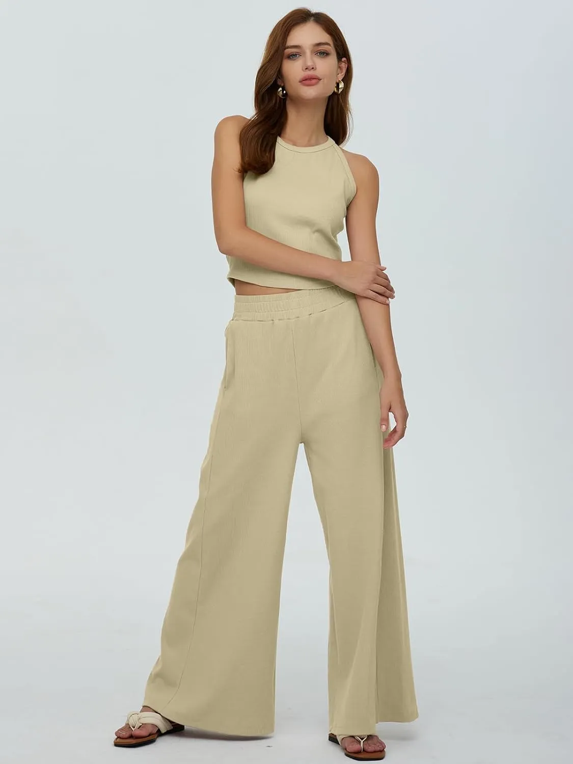 DEEP SELF Women's Summer 2 Piece Outfits Sleeveless Ribbed Knit Crop Tank Tops Matching Wide Leg Pants Vacation Outfits