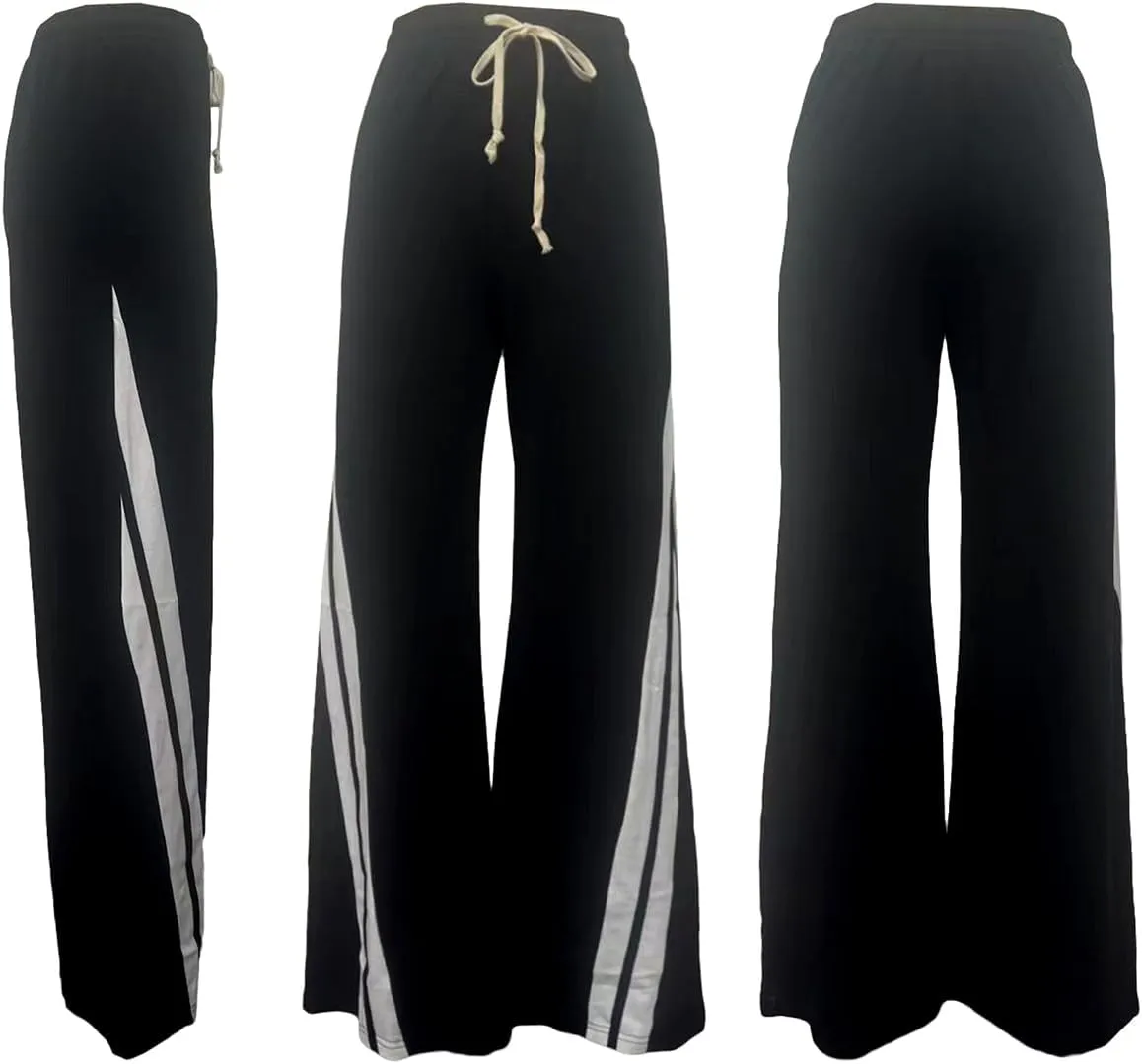 DINGANG High Waisted Casual Sweatpants Women Loose Wide Leg Elastic Waist Drawstring Cargo Striped Sweat Pants