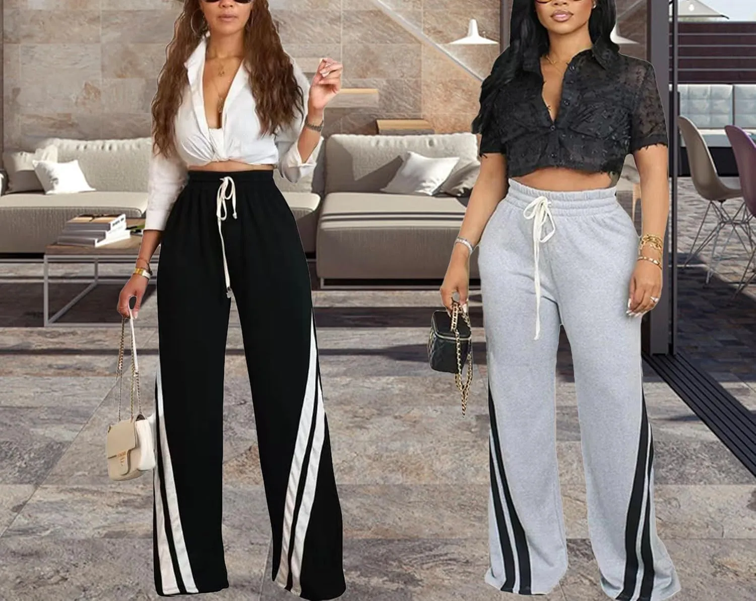 DINGANG High Waisted Casual Sweatpants Women Loose Wide Leg Elastic Waist Drawstring Cargo Striped Sweat Pants