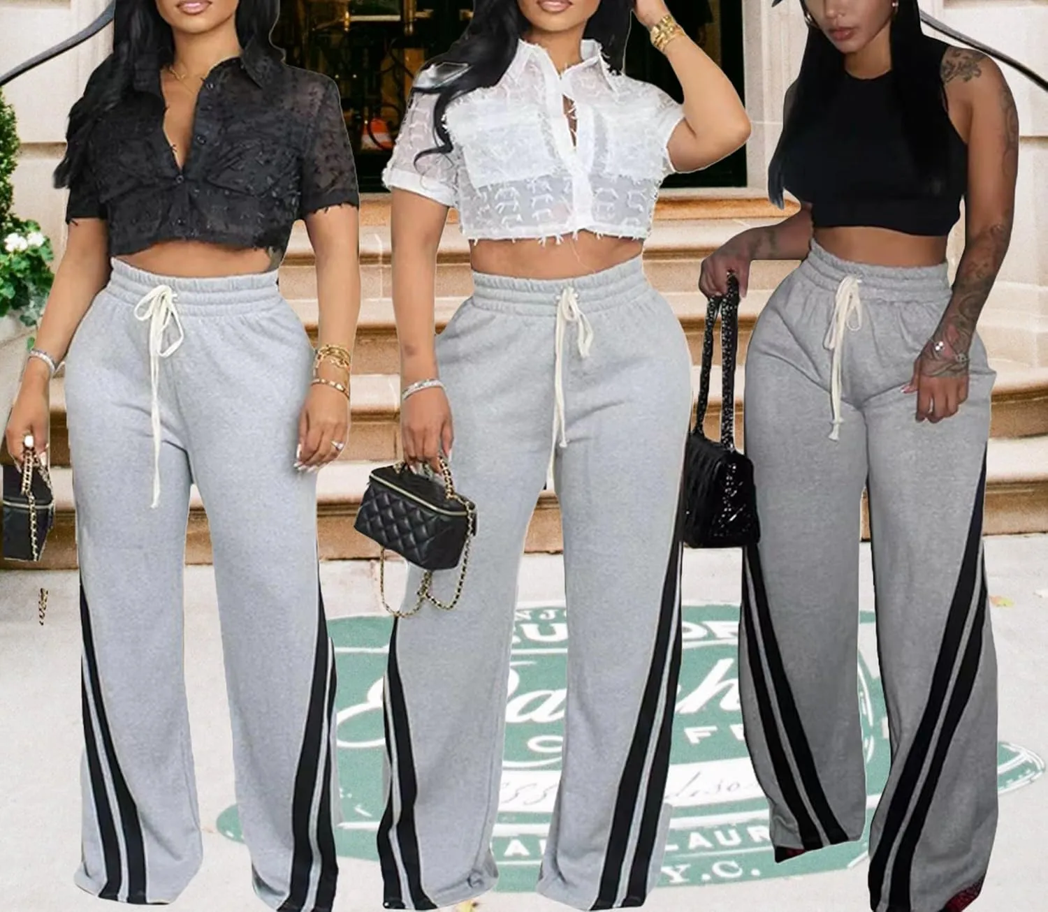 DINGANG High Waisted Casual Sweatpants Women Loose Wide Leg Elastic Waist Drawstring Cargo Striped Sweat Pants