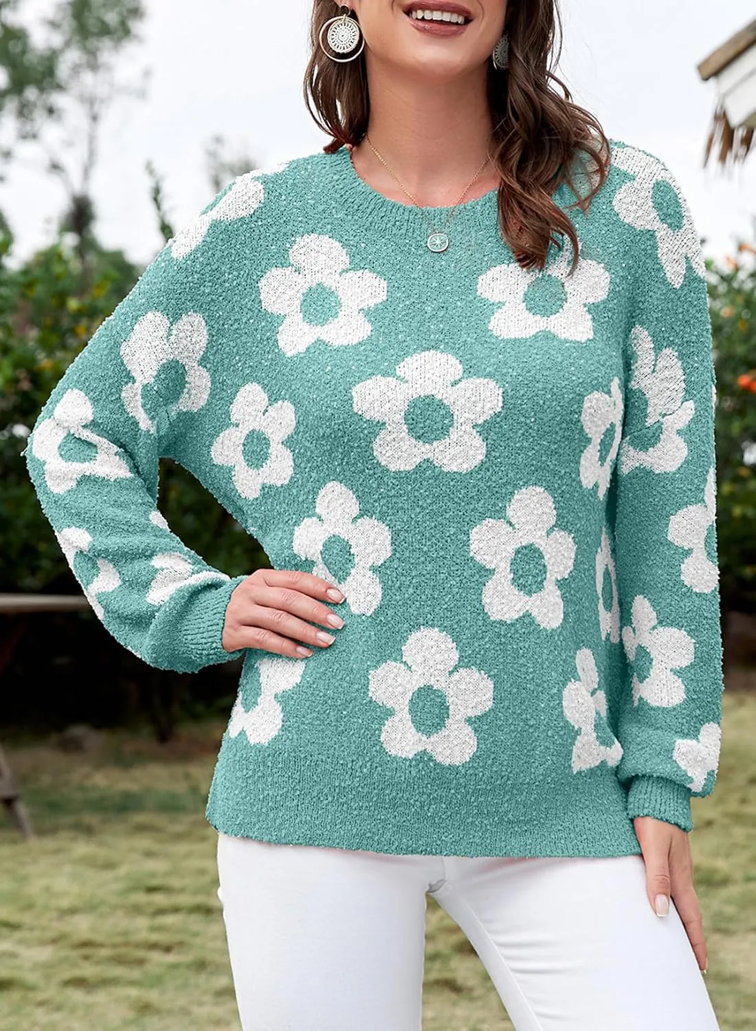 Dokotoo Flowers Sweater Ivory Flora Crewneck Cute Casual Long Sleeve Fall Winter Knitted Pullover Tops