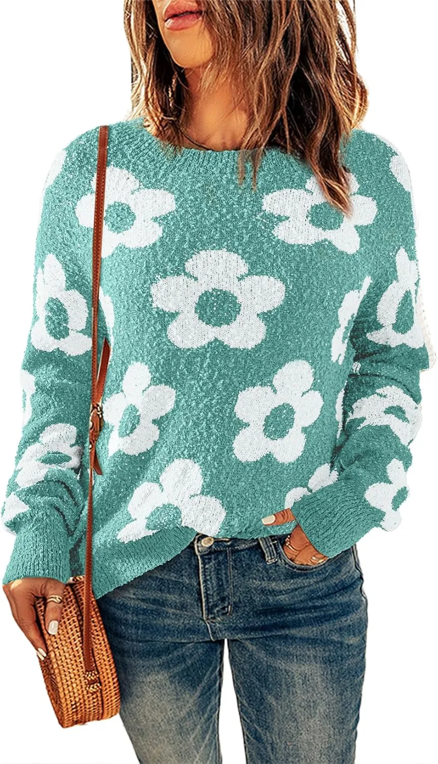 Dokotoo Flowers Sweater Ivory Flora Crewneck Cute Casual Long Sleeve Fall Winter Knitted Pullover Tops