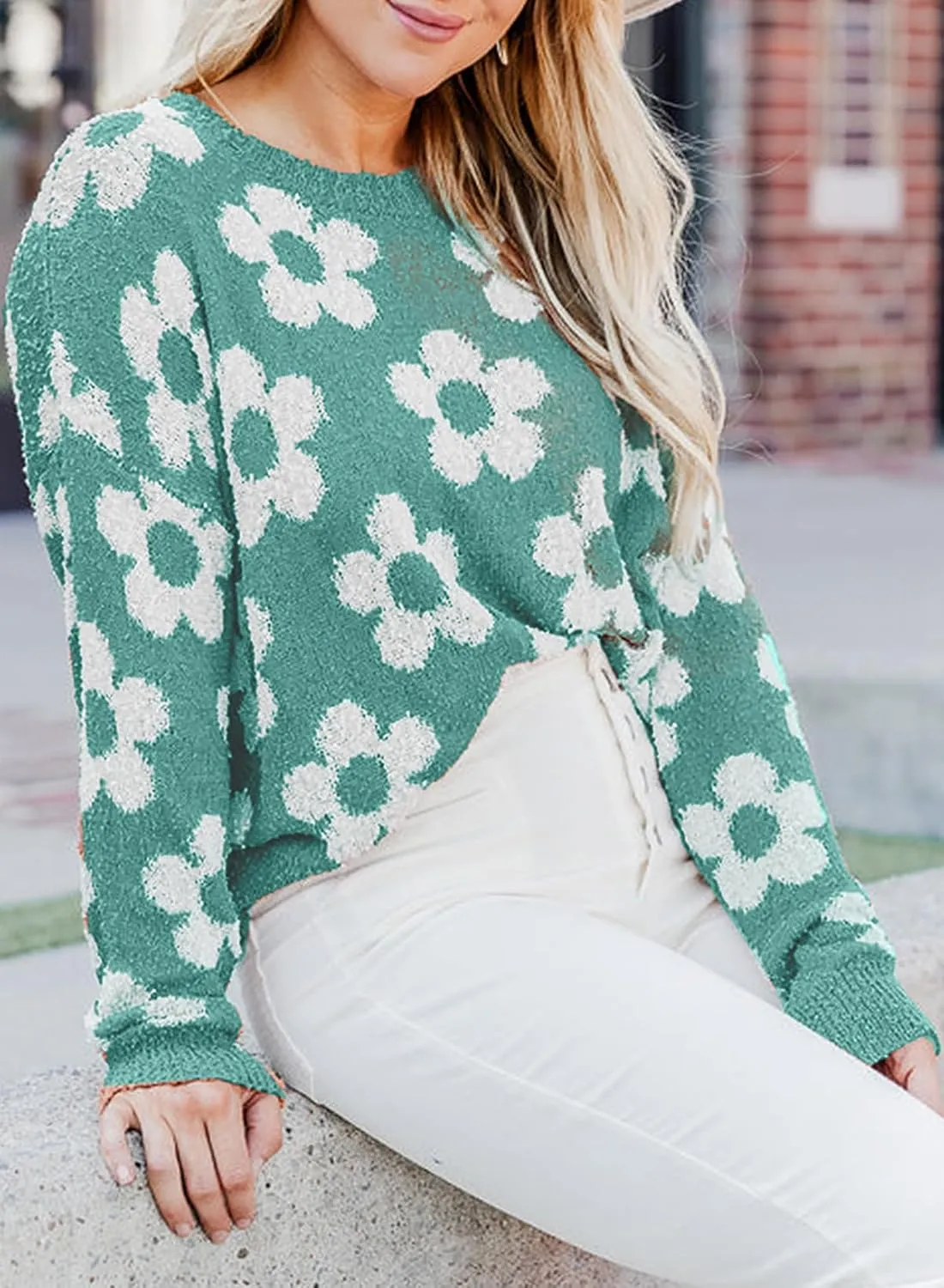 Dokotoo Flowers Sweater Ivory Flora Crewneck Cute Casual Long Sleeve Fall Winter Knitted Pullover Tops