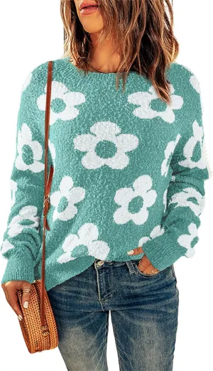 Dokotoo Flowers Sweater Ivory Flora Crewneck Cute Casual Long Sleeve Fall Winter Knitted Pullover Tops