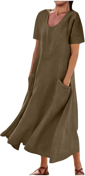 Dress for Women Summer Short Sleeve Solid Color Cotton Linen Casual Plus Size Baggy Flowy Maxi Dresses with Pocket