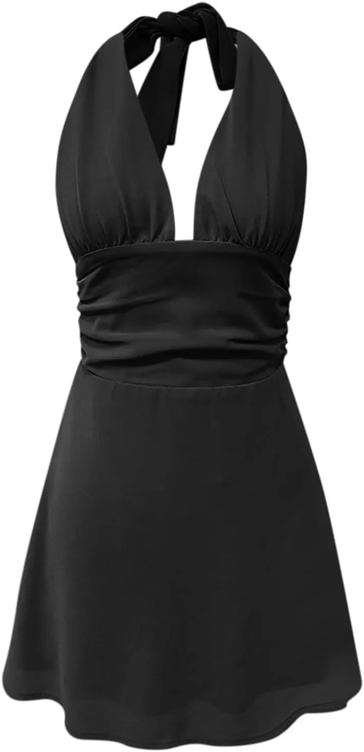 Dresses for Women Swing Deep V Mini Dress Bow Tie Sleeveless Backless Ruched Flowy Wrap Ruffle Hem Summer Dress