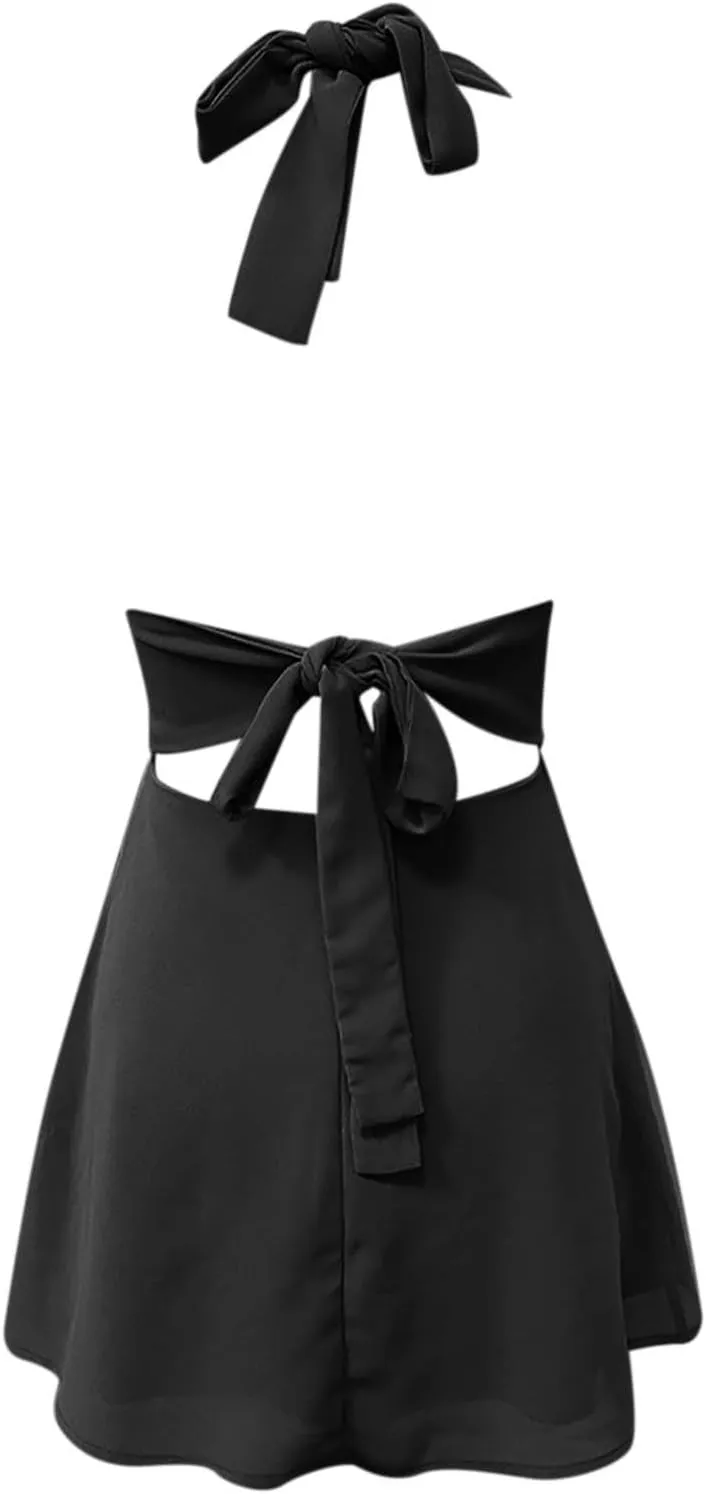 Dresses for Women Swing Deep V Mini Dress Bow Tie Sleeveless Backless Ruched Flowy Wrap Ruffle Hem Summer Dress