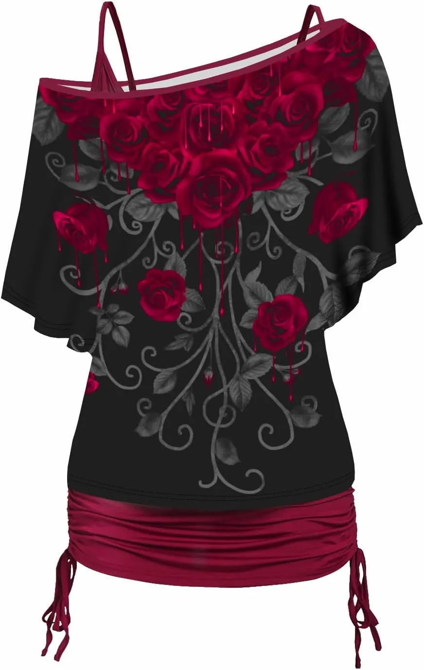 DRESSFO Women's Summer Gothic Print Skew Neck T Shirt Casual Batwing Tops Two Pieces Set