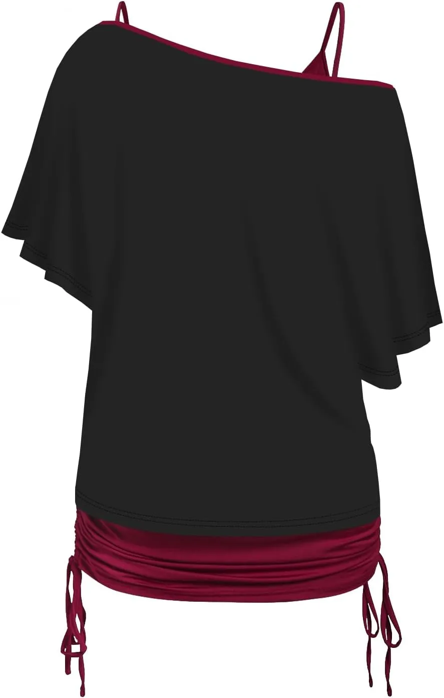 DRESSFO Women's Summer Gothic Print Skew Neck T Shirt Casual Batwing Tops Two Pieces Set