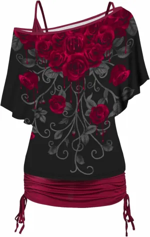 DRESSFO Women's Summer Gothic Print Skew Neck T Shirt Casual Batwing Tops Two Pieces Set