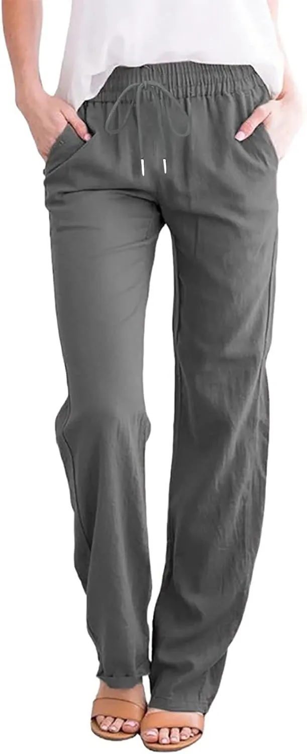 fartey Linen Pants Women Summer Casual Straight Leg Pants Drawstring Elastic High Waist Loose Comfy Trousers with Pockets