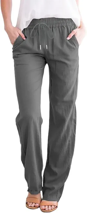 fartey Linen Pants Women Summer Casual Straight Leg Pants Drawstring Elastic High Waist Loose Comfy Trousers with Pockets