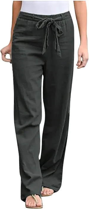 fartey Women Straight Leg Linen Pants Casual Loose High Waist Palazzo Pants Drawstring Wide Leg Summer Trousers with Pockets