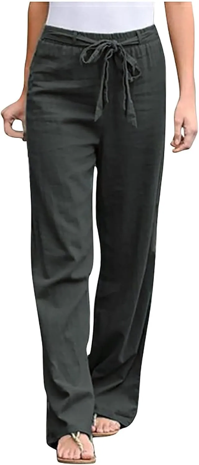fartey Women Straight Leg Linen Pants Casual Loose High Waist Palazzo Pants Drawstring Wide Leg Summer Trousers with Pockets