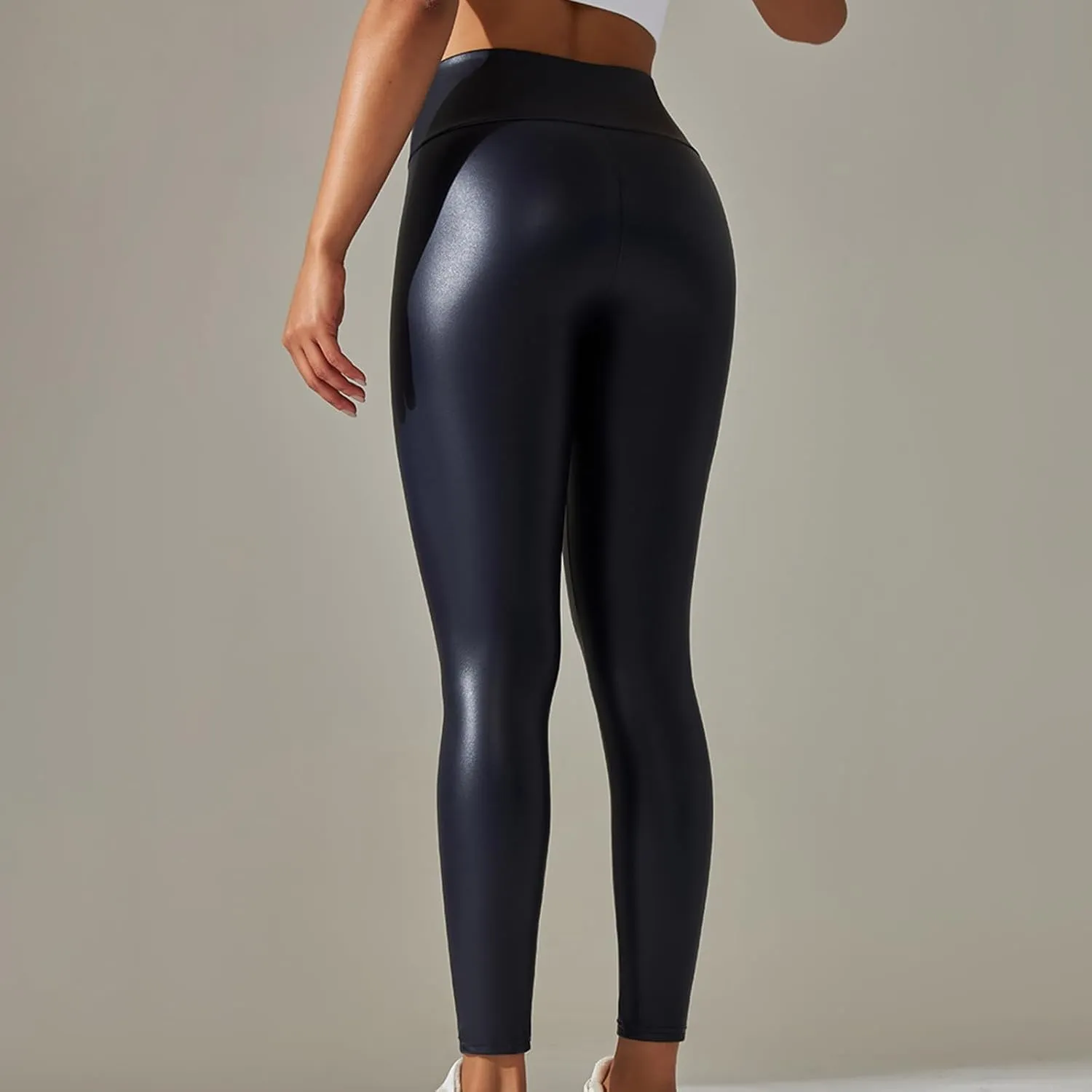 Faux Leather Leggings for Women Plus Size High Waist Pleather Pants Casual Slim Fit Elastic Waist Tights Trousers