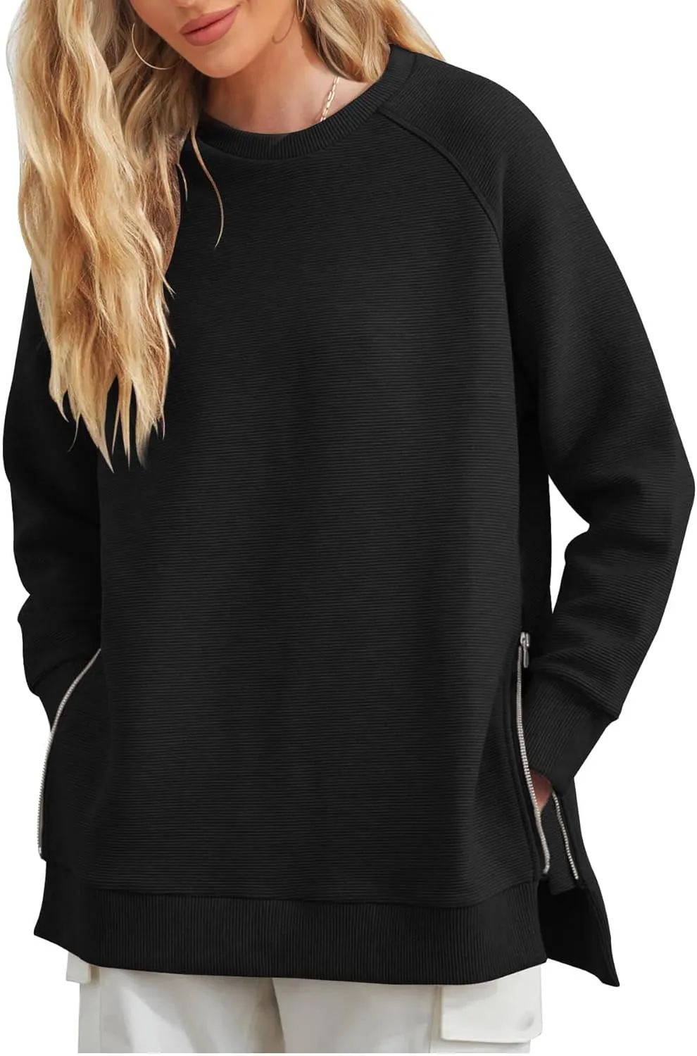 Fazortev Women's Oversized Sweatshirts Long Sleeve Crew Neck Ribbed Pullover Loose Side Zipper Tunic Tops
