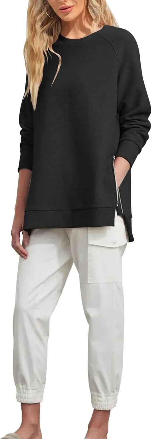 Fazortev Women's Oversized Sweatshirts Long Sleeve Crew Neck Ribbed Pullover Loose Side Zipper Tunic Tops