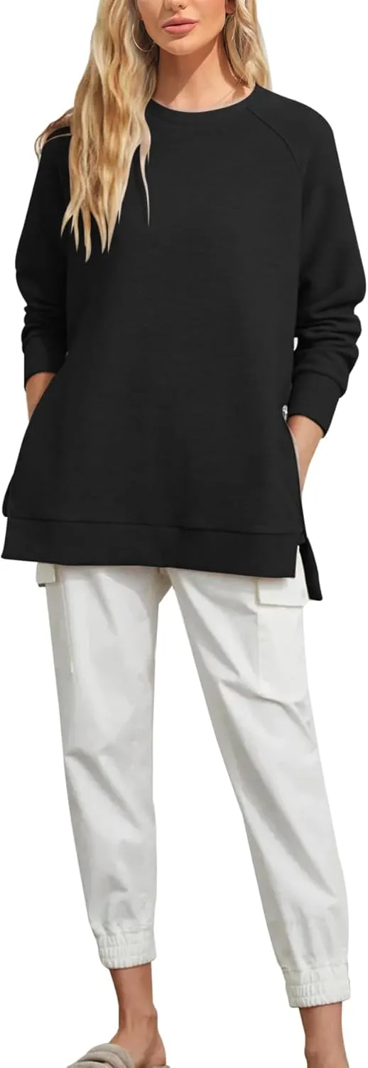 Fazortev Women's Oversized Sweatshirts Long Sleeve Crew Neck Ribbed Pullover Loose Side Zipper Tunic Tops