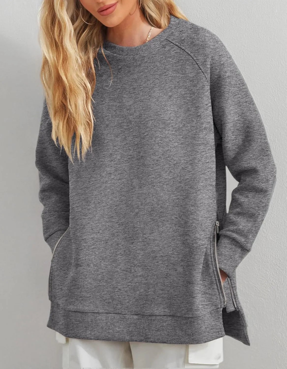 Fazortev Women's Oversized Sweatshirts Long Sleeve Crew Neck Ribbed Pullover Loose Side Zipper Tunic Tops