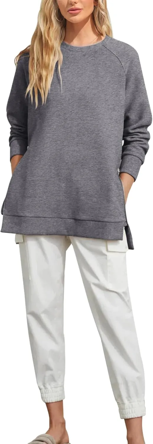 Fazortev Women's Oversized Sweatshirts Long Sleeve Crew Neck Ribbed Pullover Loose Side Zipper Tunic Tops