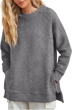 Fazortev Women's Oversized Sweatshirts Long Sleeve Crew Neck Ribbed Pullover Loose Side Zipper Tunic Tops