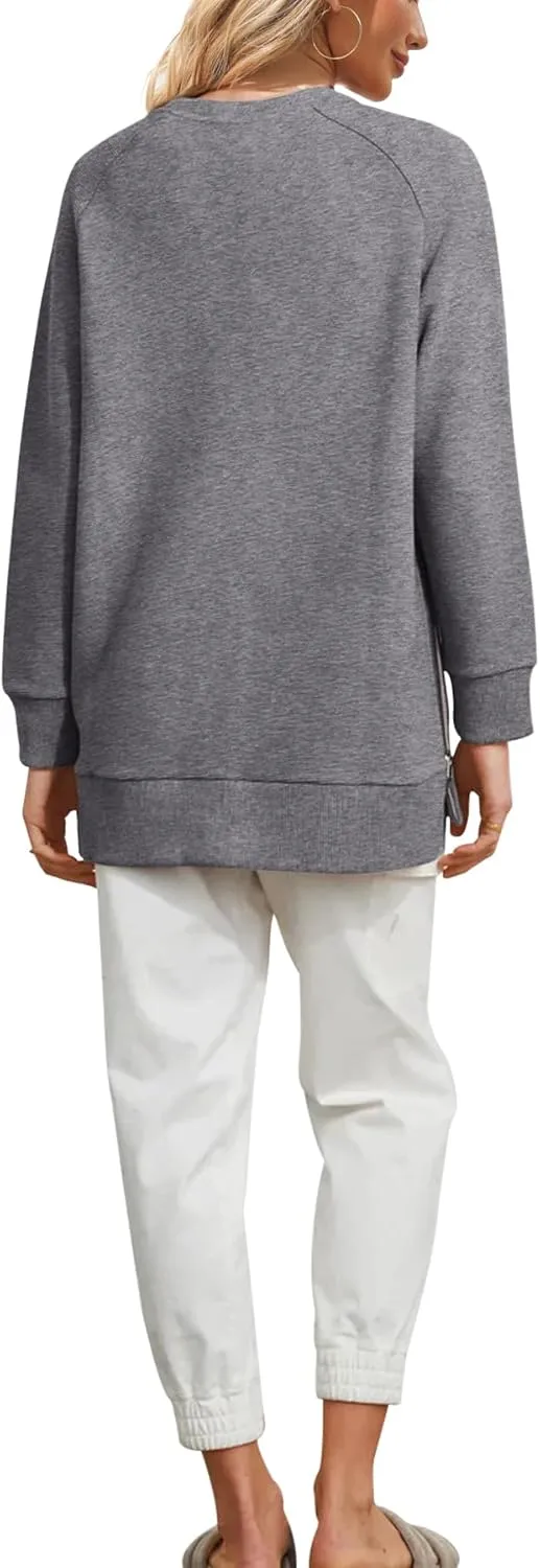 Fazortev Women's Oversized Sweatshirts Long Sleeve Crew Neck Ribbed Pullover Loose Side Zipper Tunic Tops