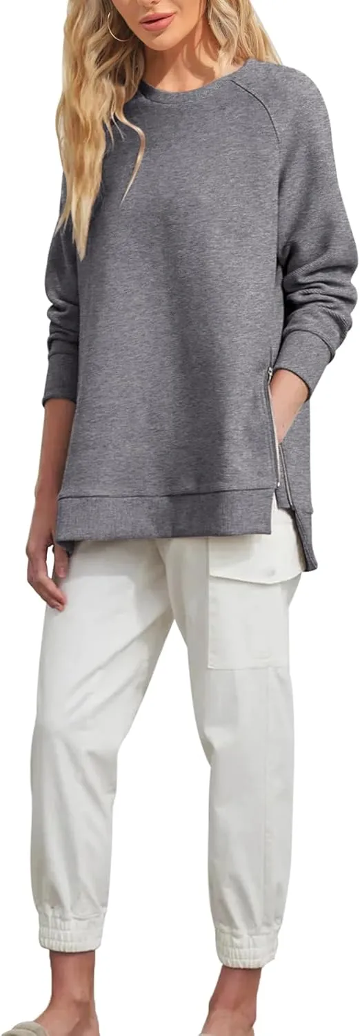 Fazortev Women's Oversized Sweatshirts Long Sleeve Crew Neck Ribbed Pullover Loose Side Zipper Tunic Tops