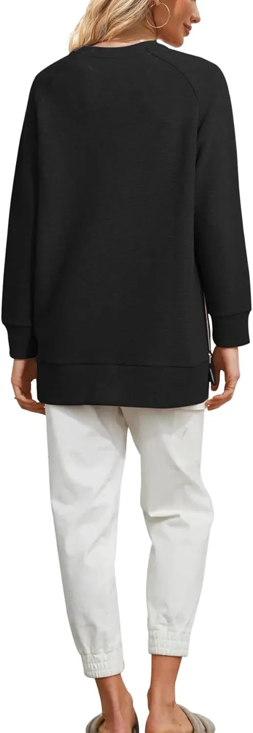 Fazortev Women's Oversized Sweatshirts Long Sleeve Crew Neck Ribbed Pullover Loose Side Zipper Tunic Tops