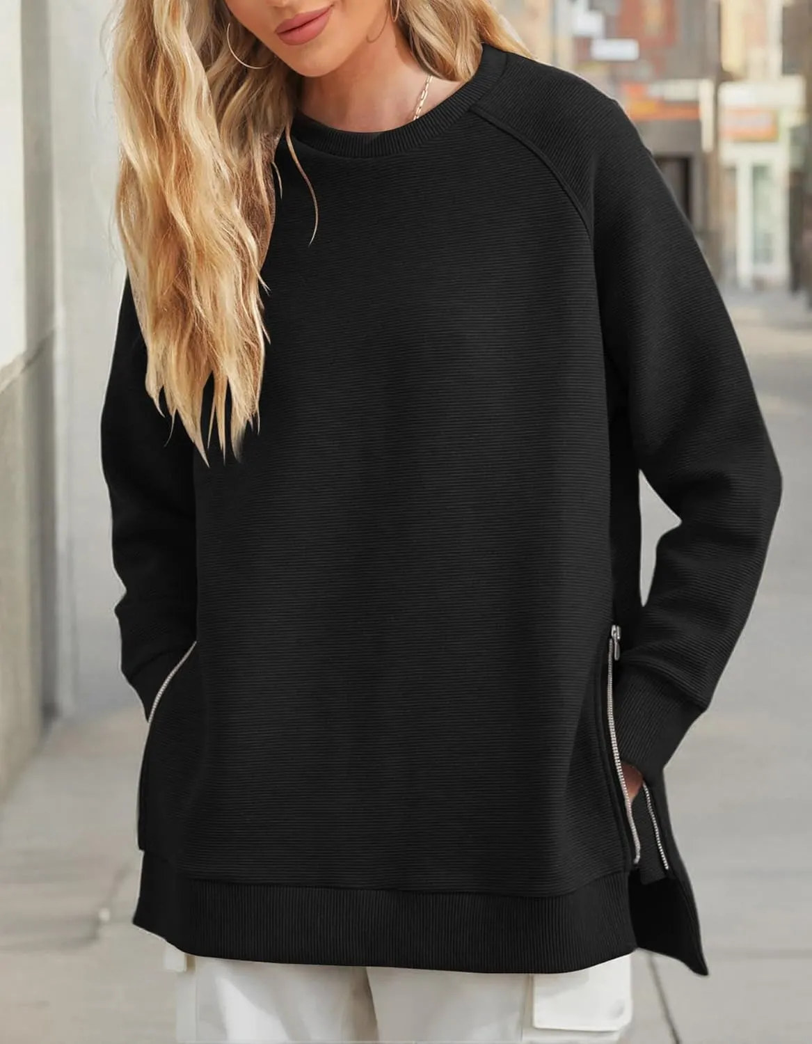 Fazortev Women's Oversized Sweatshirts Long Sleeve Crew Neck Ribbed Pullover Loose Side Zipper Tunic Tops