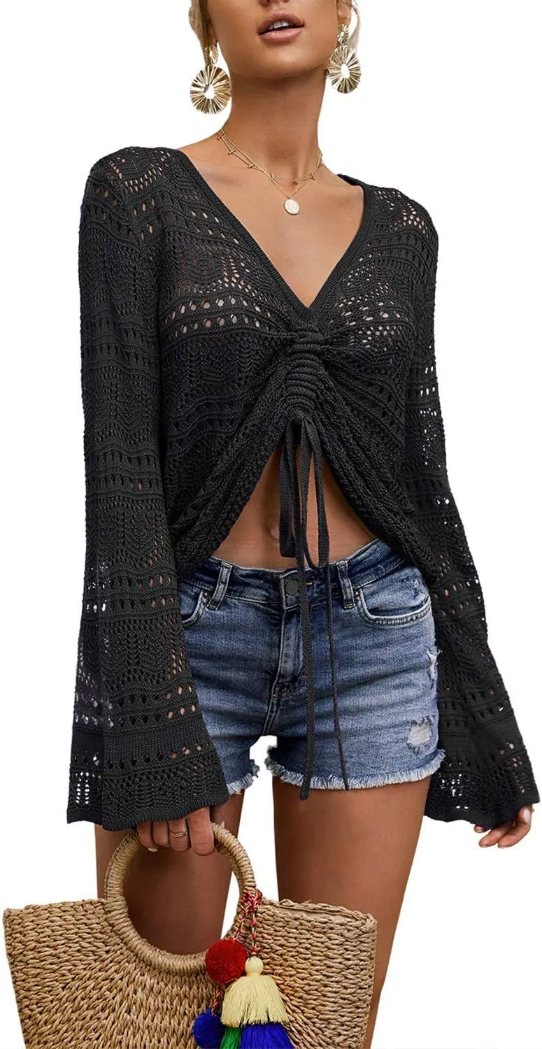 FERBIA Women Crochet Top Beach Cloth Drawstring Shirt Cover Up Oversized Sexy Beachwear Lace Up Tee Poncho