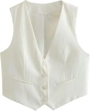 FindThy Women's Cropped Suit Vest Dressy V Neck Button Down Blazer Jacket Waistcoat