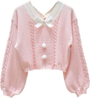 FindThy Women's Y2K Pullover Sweater Sweet Lantern Sleeve Bowtie Knit Crop Jumper Tops