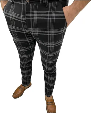 Finelylove Mens Plaid Pants Fashion Stretch Skinny Dress Pants Slim Fit Flat Front Chino Pants Casual Golf Slacks