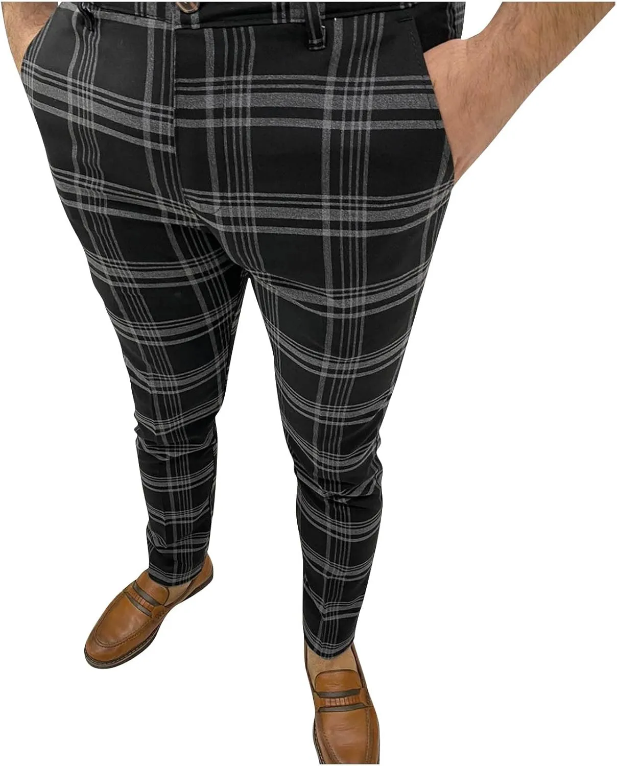 Finelylove Mens Plaid Pants Fashion Stretch Skinny Dress Pants Slim Fit Flat Front Chino Pants Casual Golf Slacks