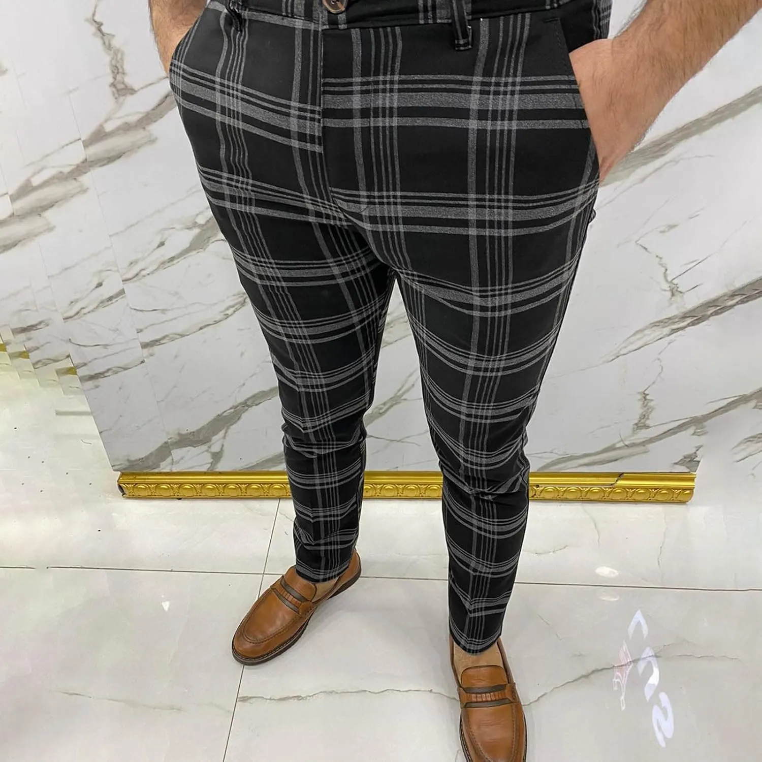 Finelylove Mens Plaid Pants Fashion Stretch Skinny Dress Pants Slim Fit Flat Front Chino Pants Casual Golf Slacks