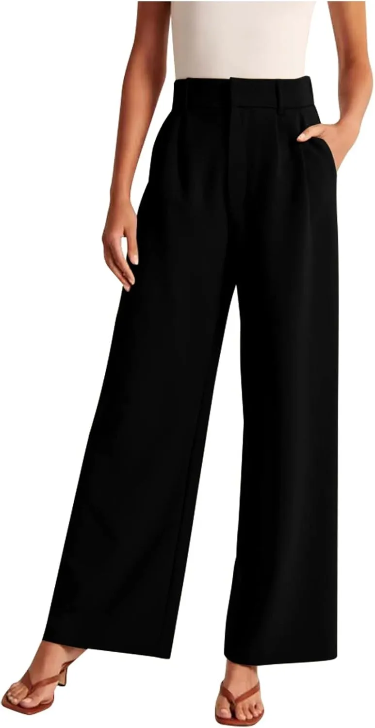 Firzero Women Linen Pants Trendy Summer Palazzo Boho Wide Leg Pants Elastic High Waist Lounge Pant Beach Flowy Casual Trousers with Pockets